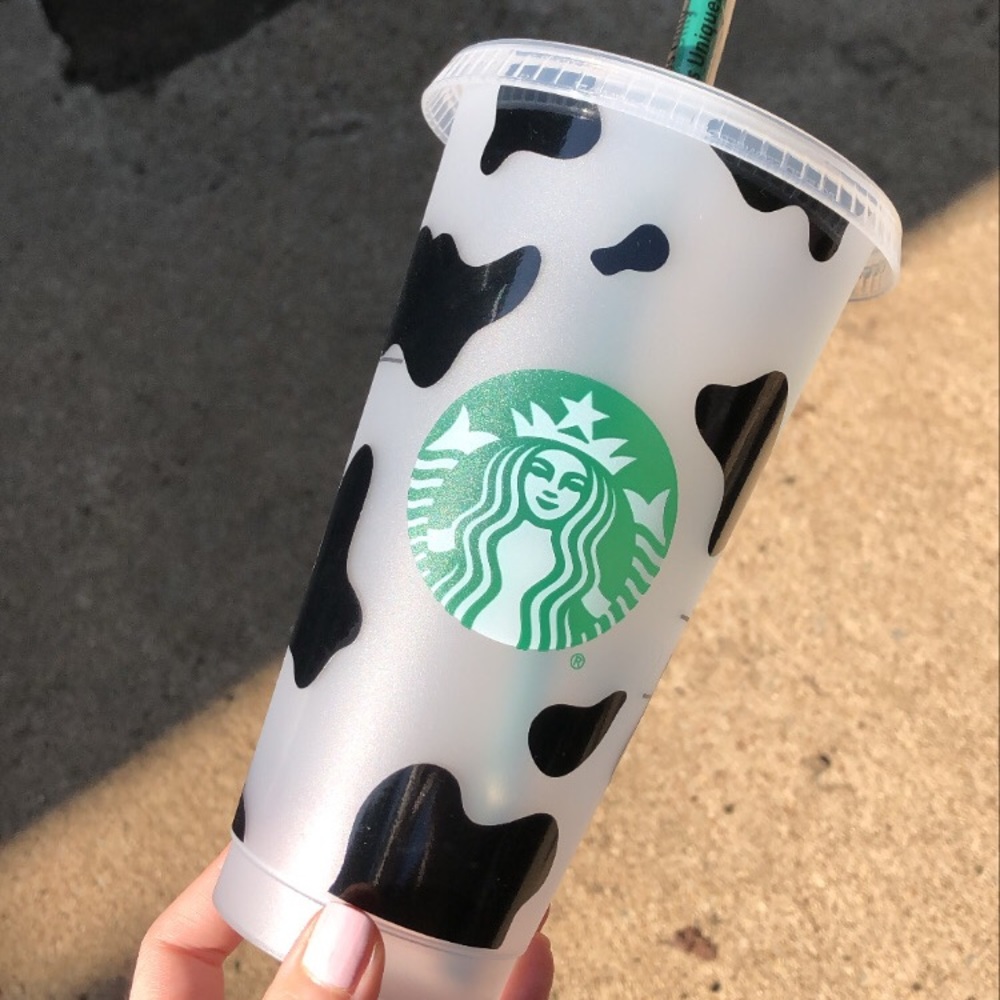 Starbucks Black and White Cow Print Tumbler with Green Logo